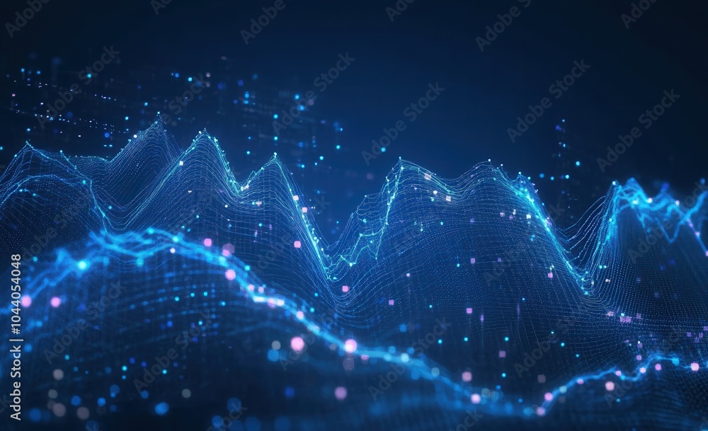 Abstract digital landscape with blue and pink glowing particles. Abstract digital landscape with blue and pink glowing particles.