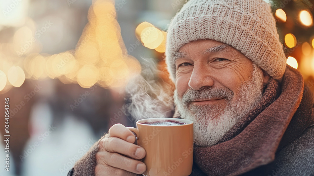 A man enjoying mulled wine at a bustling Christmas market during the festive holiday season A man enjoying mulled wine at a bustling Christmas market during the festive holiday season