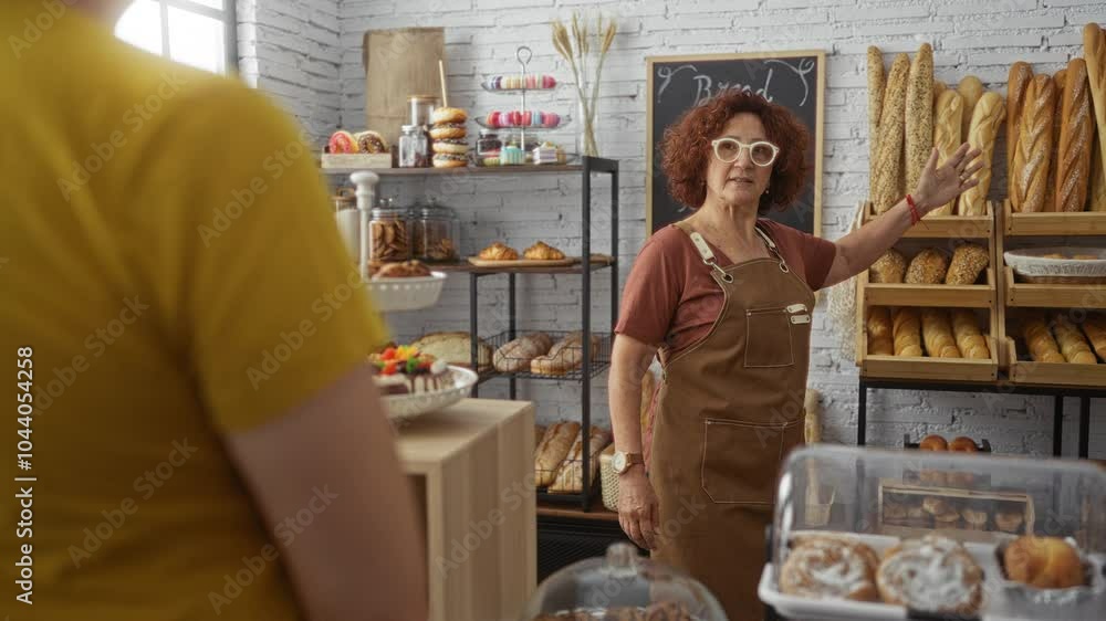 Woman bakery worker explaining variety of breads to man customer in an indoor bakery shop with shelves full of assorted baked goods Woman bakery worker explaining variety of breads to man customer in an indoor bakery shop with shelves full of assorted baked goods