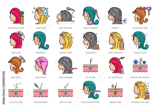 Hair care and treatment color line icons of woman heads for hair health, vector pictograms. Trichology and haircare icons of hair types with cosmetic treatment, shampoo washing and protection