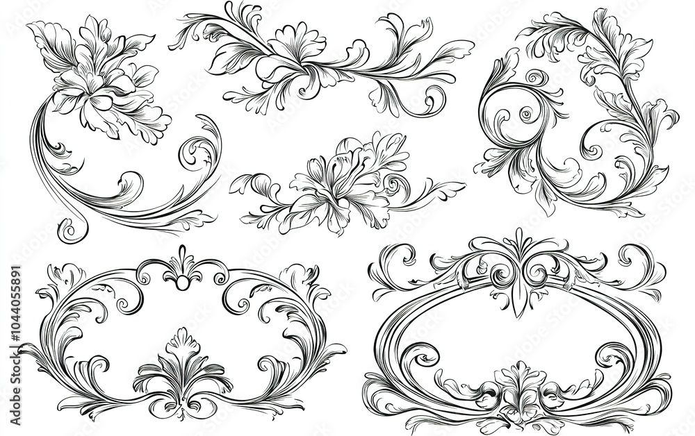 Elegant floral decorative elements in intricate line art style suitable for design projects and crafts Elegant floral decorative elements in intricate line art style suitable for design projects and crafts