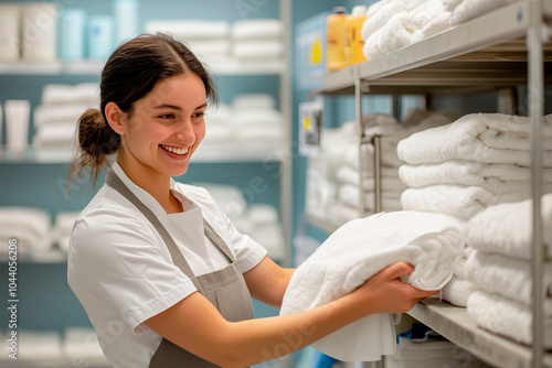 Maid folding laundry and towels in hotel utility room