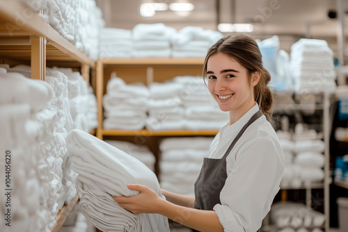 Maid folding laundry and towels in hotel utility room