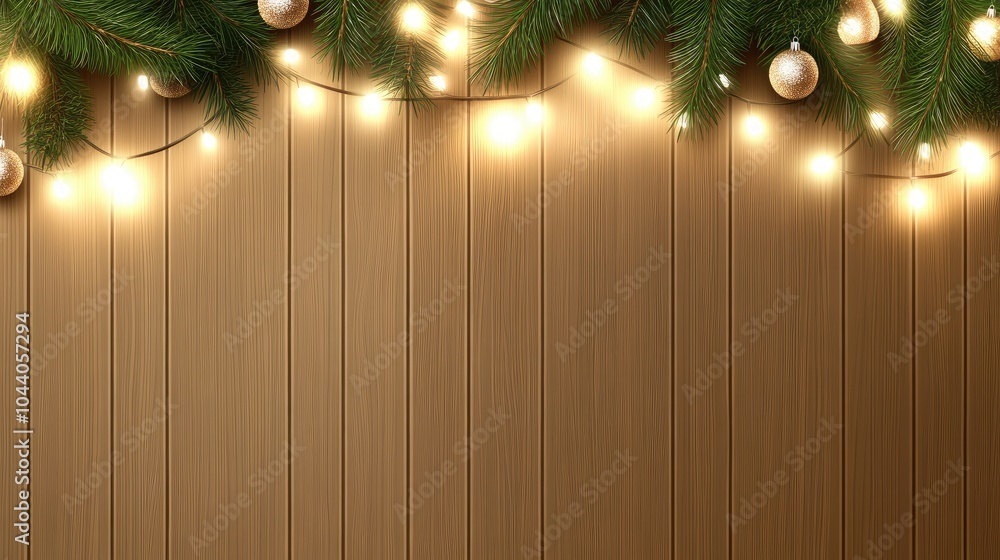 Fototapeta premium This charming backdrop features a rustic wooden surface adorned with a pine garland, accented by twinkling lights, ideal for capturing the spirit of Christmas