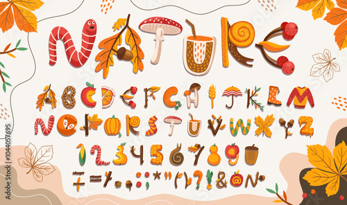 Cartoon fall autumn font, Thanksgiving type, autumnal funny alphabet letters and numbers of autumn leaves, mushrooms, raindrops. Vector typography alphabet characters font, thanksgiving pie and apples