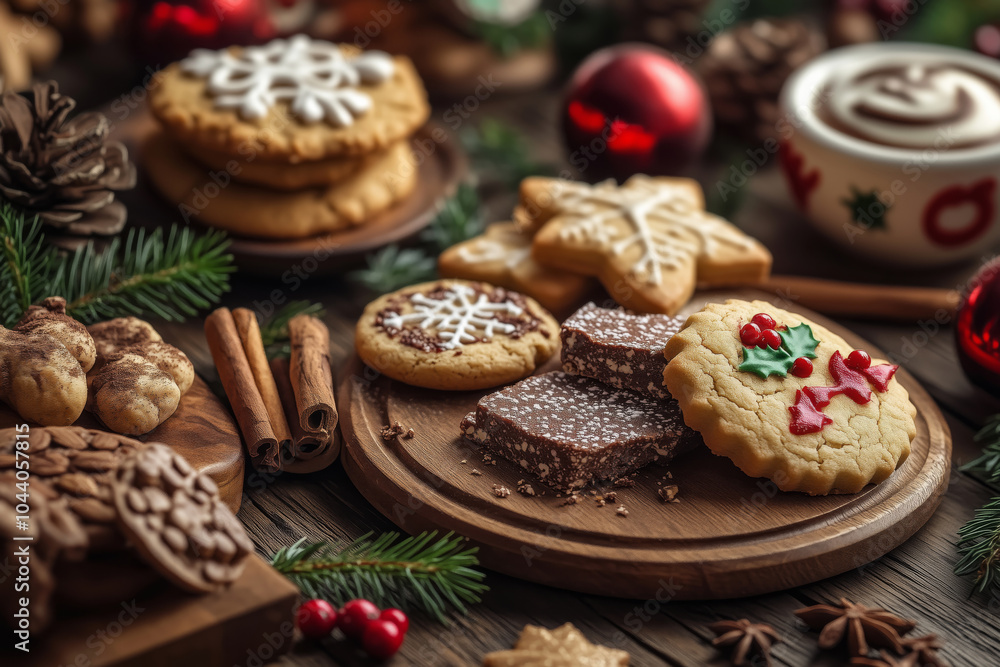 A festive display of delightful homemade cookies on a rustic wooden table A festive display of delightful homemade cookies on a rustic wooden table