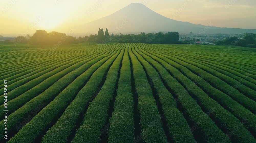 Lush green tea fields stretch across the landscape with the majestic Mount Fuji towering in the background. Lush green tea fields stretch across the landscape with the majestic Mount Fuji towering in the background.