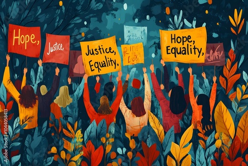 Human rights activists raising flags with messages of hope and equality.