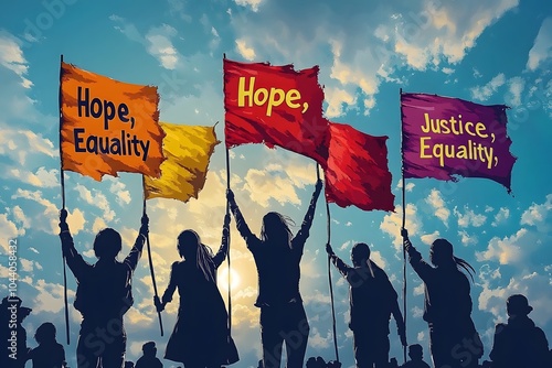 Human rights activists raising flags with messages of hope and equality.