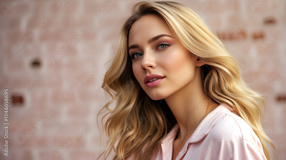 A young woman with wavy blonde hair smiling confidently, posing against a white brick wall, creating a fresh and carefree look.
A young woman with wavy blonde hair smiling confidently, posing against a white brick wall, creating a fresh and carefree look.