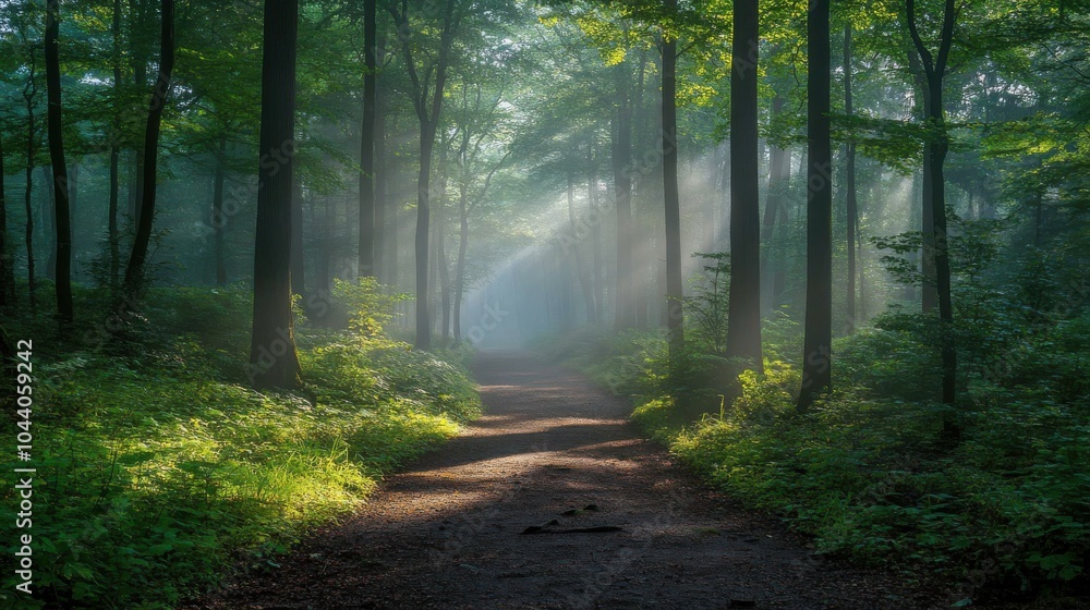 Obraz premium A foggy forest path with sunlight filtering through the trees.