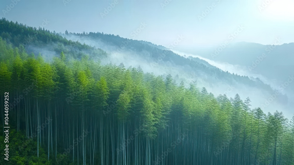 Fototapeta premium A foggy morning in a tranquil bamboo grove.