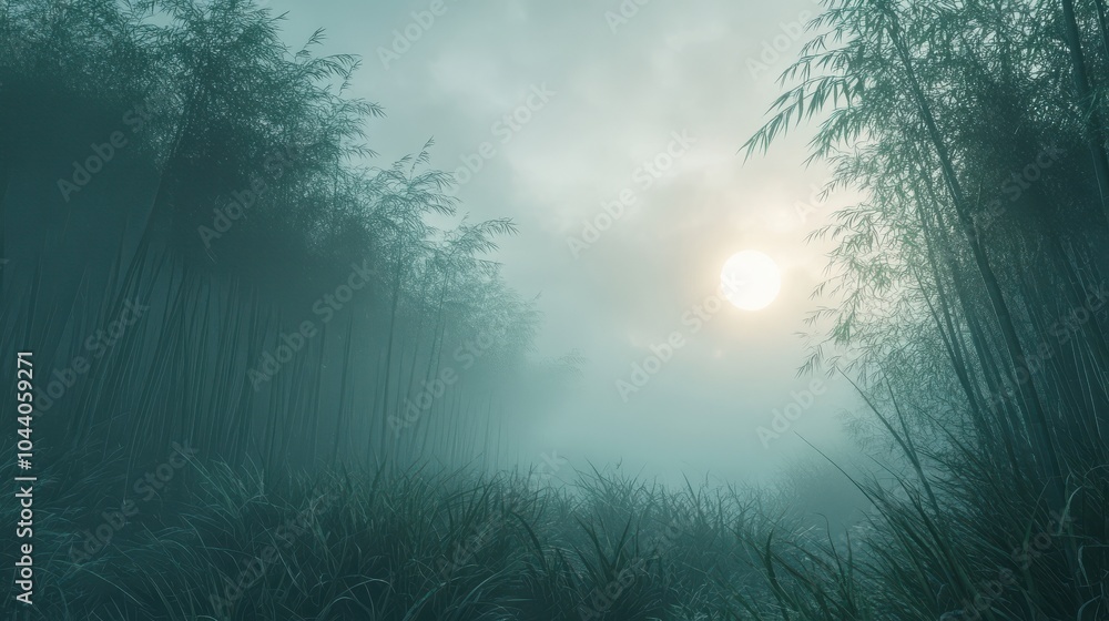 Obraz premium A foggy morning in a tranquil bamboo grove.