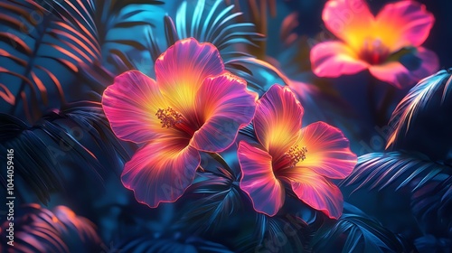 Enchanting neon blooms creating vibrant tropical floral display image