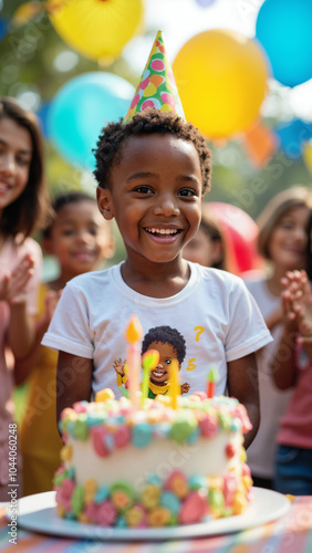 Joyful African American Boy Celebrates Birthday at Vibrant Outdoor Party: Perfect for Family Event Marketing