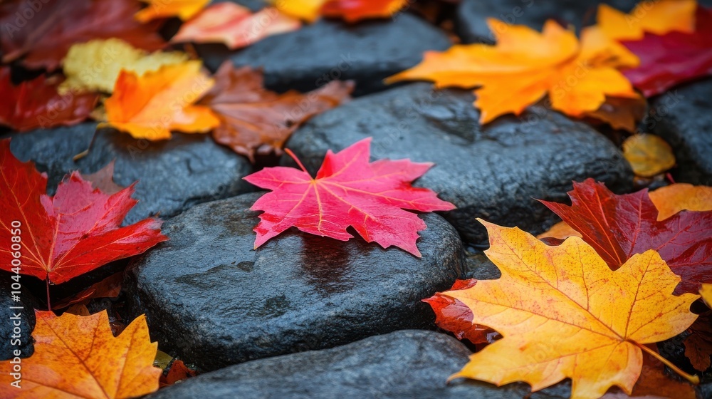Colorful leaves on a stone pathway Colorful leaves on a stone pathway