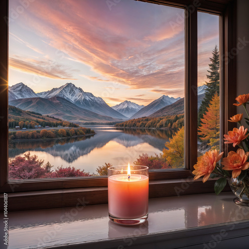 A photo of a beautiful sunrise with a lit candle on a windowsill. The candle is in a glass container. The background contains a serene auturmn landscape with mountains, trees, and a calm lake. photo