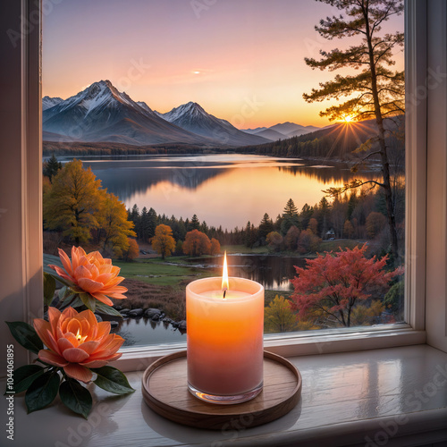 A photo of a beautiful sunrise with a lit candle on a windowsill. The candle is in a glass container. The background contains a serene auturmn landscape with mountains, trees, and a calm lake. photo