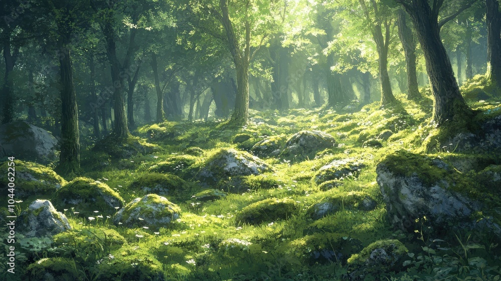 Obraz premium Forest glade with moss-covered rocks