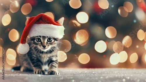 Kitten In Santa Hat Near Christmas Lights