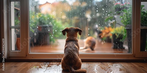 Golden Retriever Dog Watching Rain Through Window on Rainy Day