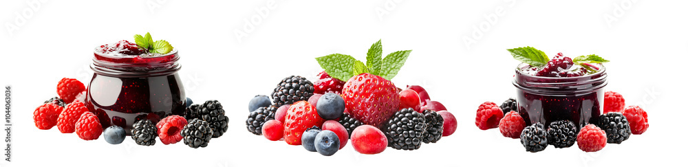 Closeup of berry jam in jar surrounded by fresh raspberries, blackberries, and blueberries isolated on white background. Concept of homemade preserves and fruit Closeup of berry jam in jar surrounded by fresh raspberries, blackberries, and blueberries isolated on white background. Concept of homemade preserves and fruit