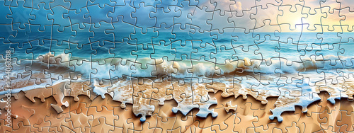 A vibrant puzzle depicting a serene beach scene with gentle waves and a colorful sky, creating a calming atmosphere.