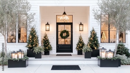 The cozy porch features lush potted Christmas trees adorned with lights, a vibrant wreath on the door, and warm holiday spirit in a welcoming outdoor setting