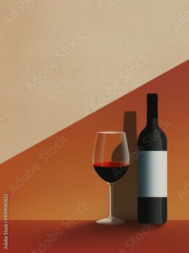 Red Wine Bottle and Glass on Beige Surface