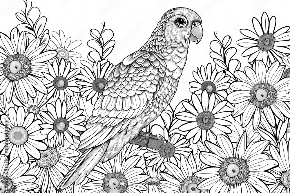Fototapeta premium A beautifully detailed line art of a parrot perched among daisies, showcasing intricate patterns and floral designs.