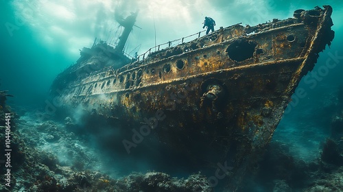 A diver explores a rusted shipwreck, partially submerged, in the ocean with the sun shining through the surface.