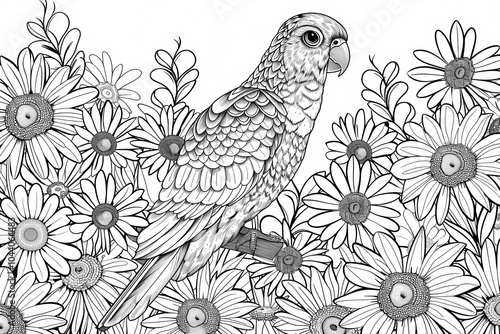 A beautifully detailed line art of a parrot perched among daisies, showcasing intricate patterns and floral designs. photo