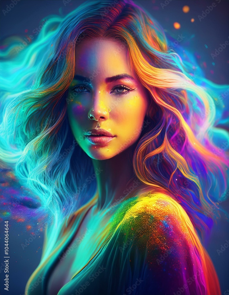 Fototapeta premium A young lady poses in a retro style, neon waves, vibrant particles, blue gradient.