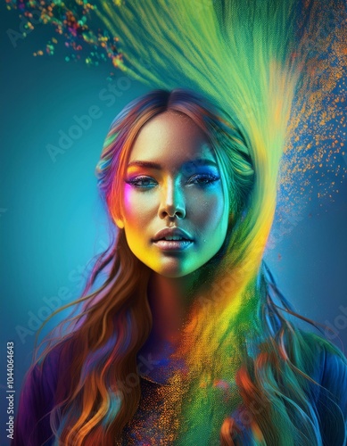 A young lady poses in a retro style, neon waves, vibrant particles, blue gradient.