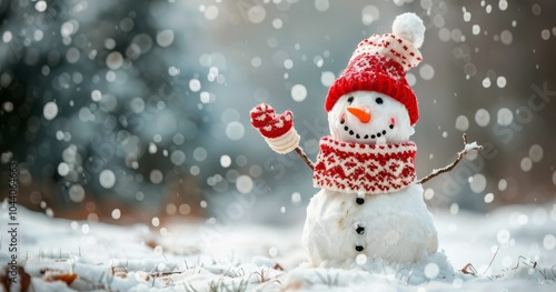 Smiling Snowman Wearing Knitted Hat and Scarf in Snowy Winter Landscape
