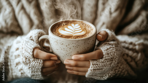 Cozy morning vibes with a steaming latte in knit sweaters photo