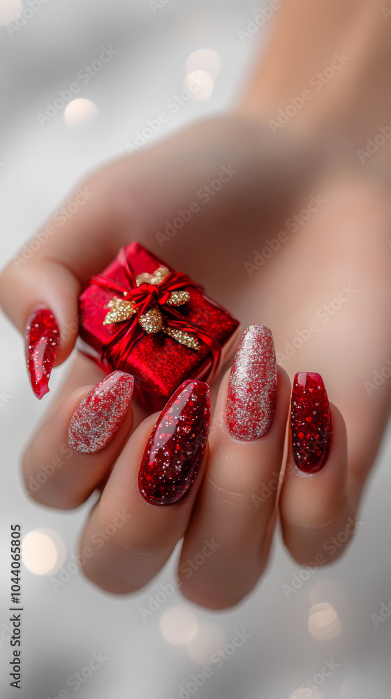 Festive red and glitter nail art with small wrapped gift Festive red and glitter nail art with small wrapped gift