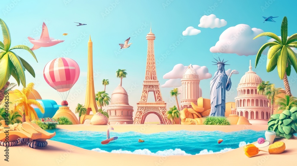 A colorful picture showing summer travel ideas. This banner includes travel stickers and highlights popular summer vacation destinations. A colorful picture showing summer travel ideas. This banner includes travel stickers and highlights popular summer vacation destinations.