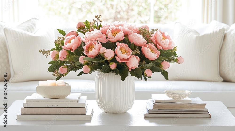 A charming bouquet of white peonies sits in a vase next to a lit candle on a woven tray, enhancing the inviting atmosphere of the bright and airy living room A charming bouquet of white peonies sits in a vase next to a lit candle on a woven tray, enhancing the inviting atmosphere of the bright and airy living room