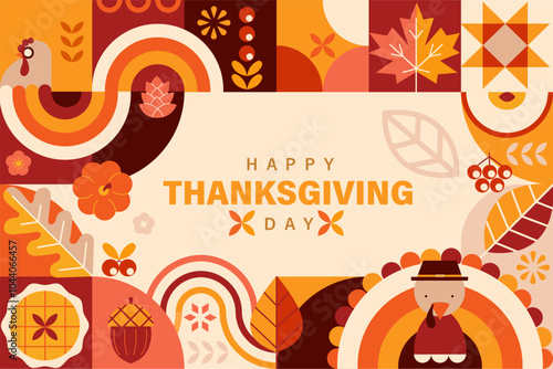 Happy Thanksgiving Day banner with geometric symbols of holiday-turkey,pumpkin,pie.Thanksgiving Autumn harvest sale 2024. Autumnal festive.Template for promotion,web,cards,flyers, posters,ad.Vector