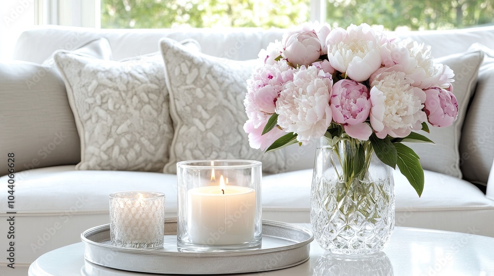 A charming bouquet of white peonies sits in a vase next to a lit candle on a woven tray, enhancing the inviting atmosphere of the bright and airy living room. A charming bouquet of white peonies sits in a vase next to a lit candle on a woven tray, enhancing the inviting atmosphere of the bright and airy living room.
