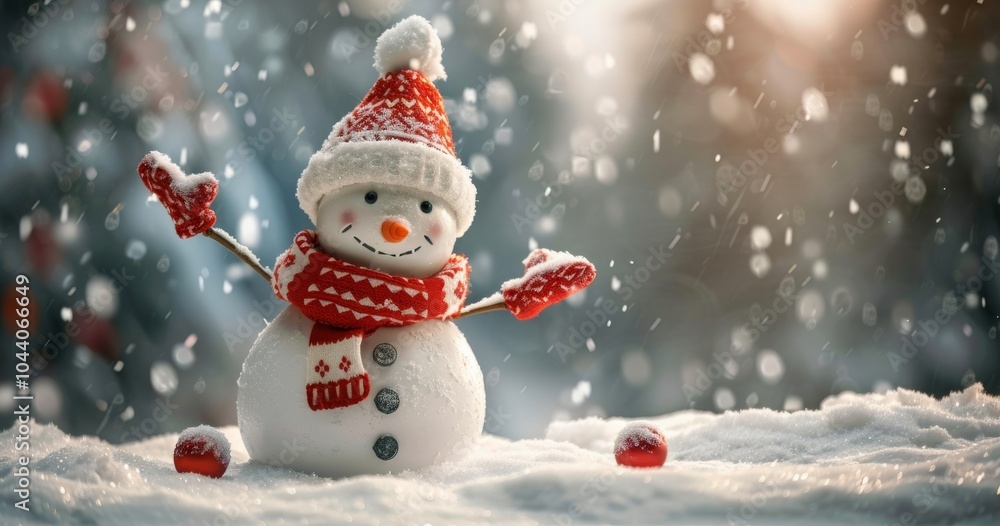 Smiling Snowman Wearing Knitted Hat and Scarf in Snowy Winter Landscape Smiling Snowman Wearing Knitted Hat and Scarf in Snowy Winter Landscape