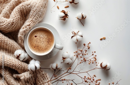 Cozy Autumn Morning With a Cup of Coffee and Cotton Branch