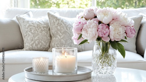 A charming bouquet of white peonies sits in a vase next to a lit candle on a woven tray, enhancing the inviting atmosphere of the bright and airy living room.