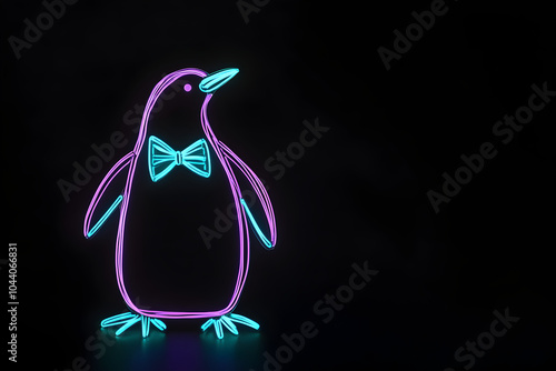 Neon illustration of a penguin with teal bow tie isotated on black background. photo