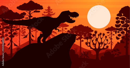 Prehistoric t-rex dinosaur silhouette at tropical sunset forest vector background. Jurassic tyrannosaurus dino animal roaring on the top of mountain with jungle trees and setting sun on the horizon
