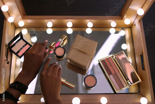 Manos de mujeres con maquillaje en su mesa y espejo iluminado  photo