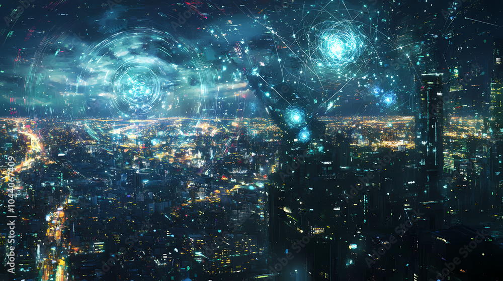 Fototapeta premium A digital collage of qubits swirling in a quantum computer, with interconnected nodes glowing in various shades of blue, overlaid on a complex cityscape at night. Quantum Cityscape. Illustration