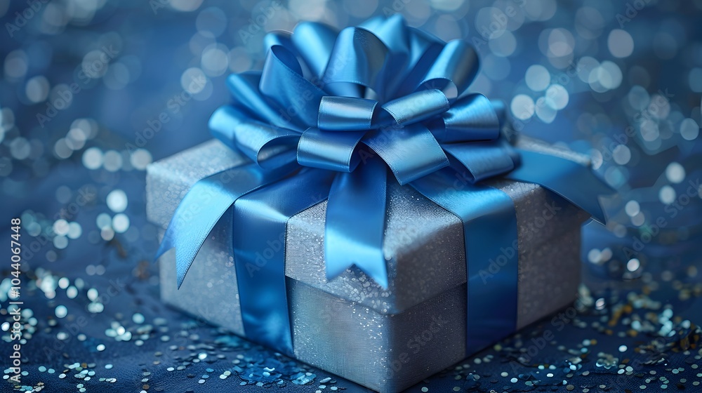 Luxury Blue Wrapped Gift Box with Elegant Bow on Shimmering Background Luxury Blue Wrapped Gift Box with Elegant Bow on Shimmering Background