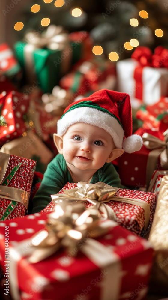 Adorable baby elf surrounded by christmas presents Adorable baby elf surrounded by christmas presents
